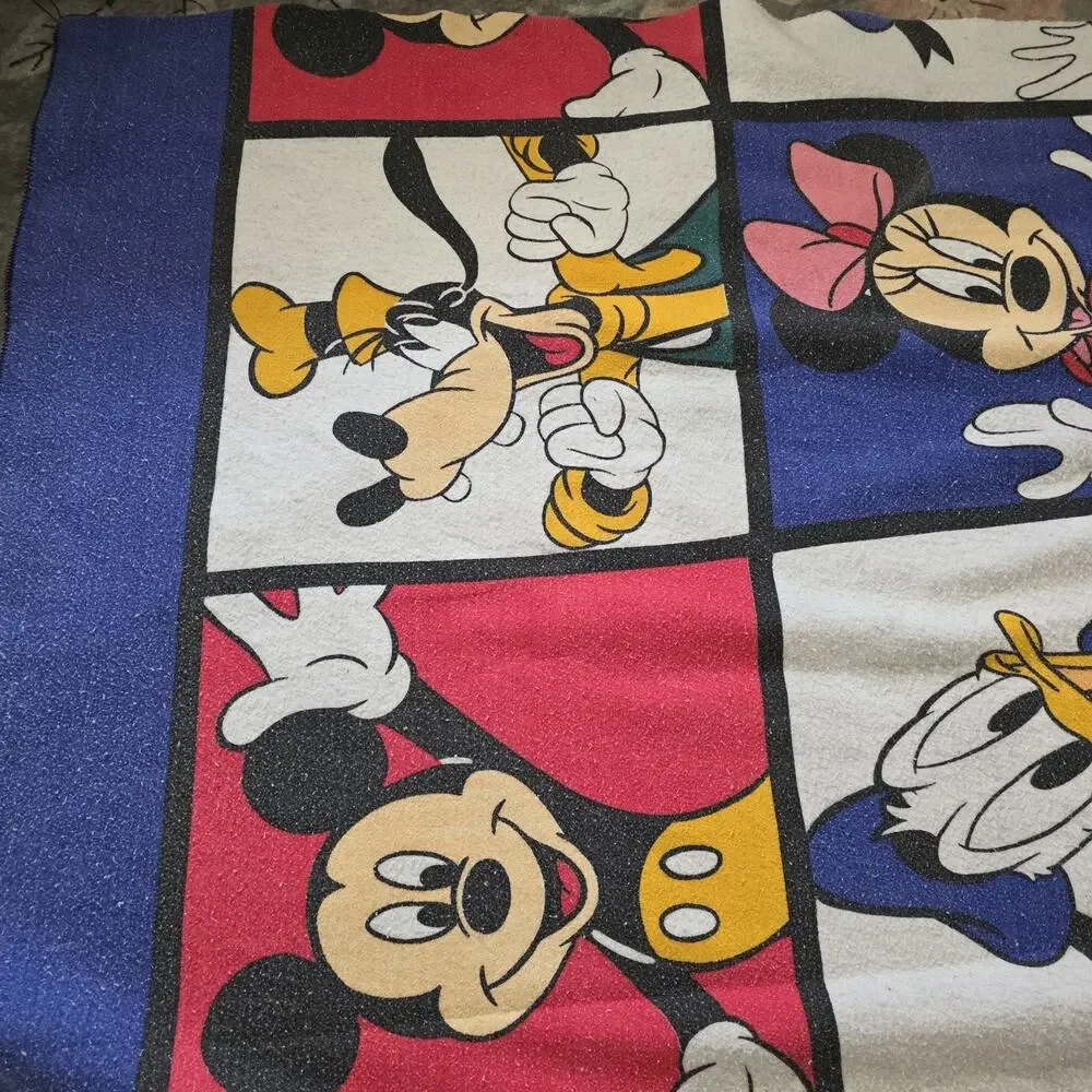 Vintage Disney High Pile Mickey Mouse 70” X 68” Blanket Dundee USA Made Goofy